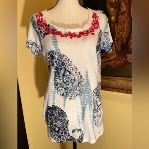 Lucky Brand Short Sleeve Top, blue Batik Print on White, Red Embroidery Neckline